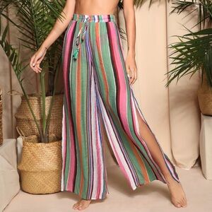 Lulus Eternal Vacation Green Multi Striped Swim Cover-Up Pants Size M Medium